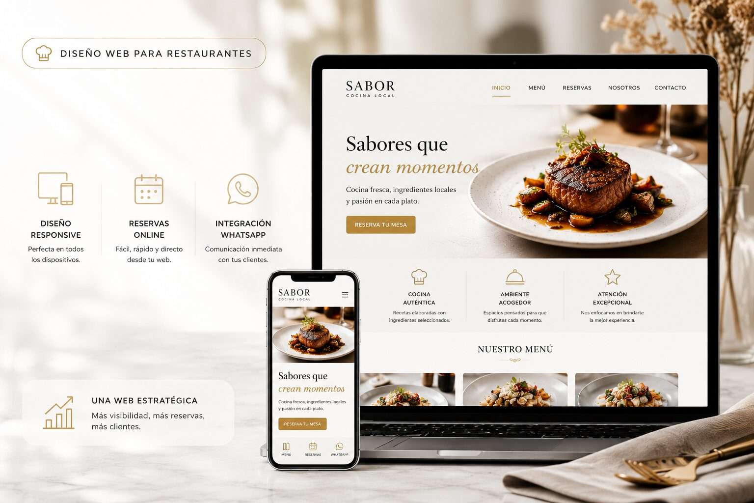 Diseño web profesional de restaurante mostrando reservas online y carta digital en pantalla