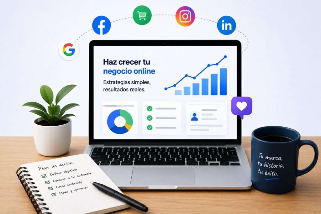 Dueño de pequeña empresa española revisando métricas de marketing digital en su ordenador