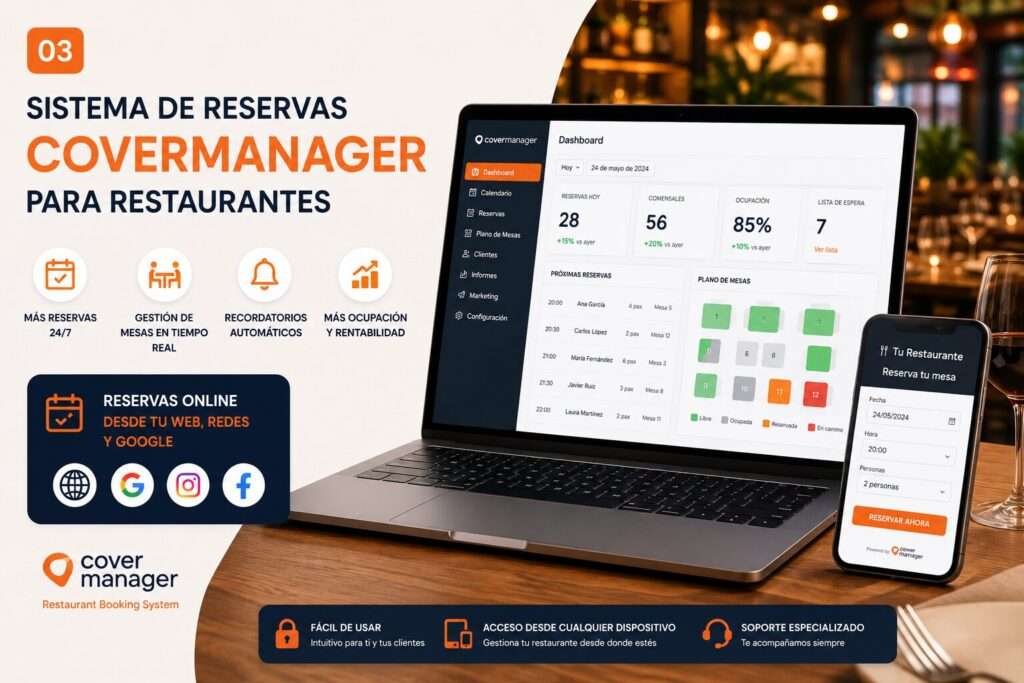 Panel de CoverManager mostrando sistema de reservas activo con agenda y mesas de restaurante