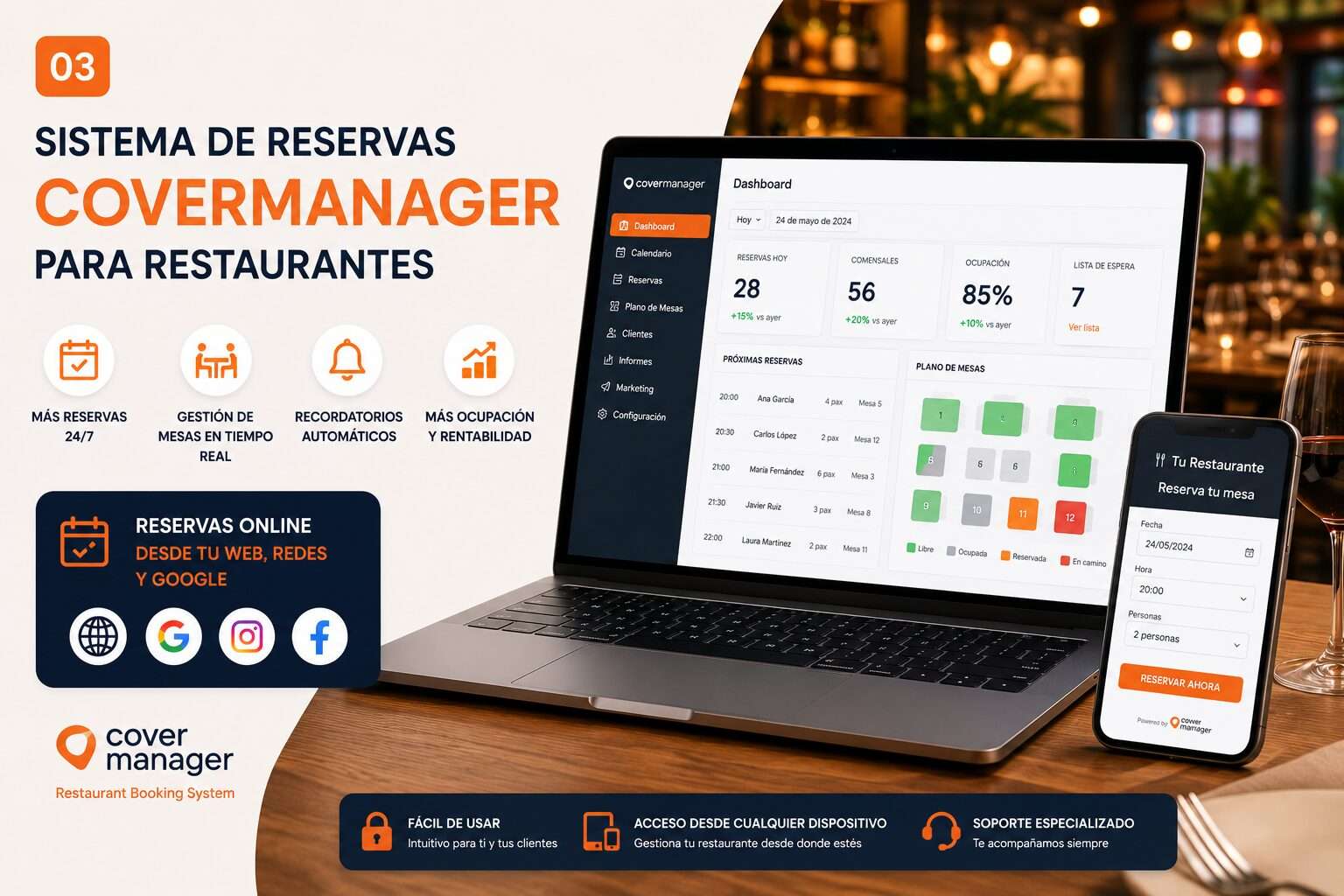 Panel de CoverManager mostrando sistema de reservas activo con agenda y mesas de restaurante
