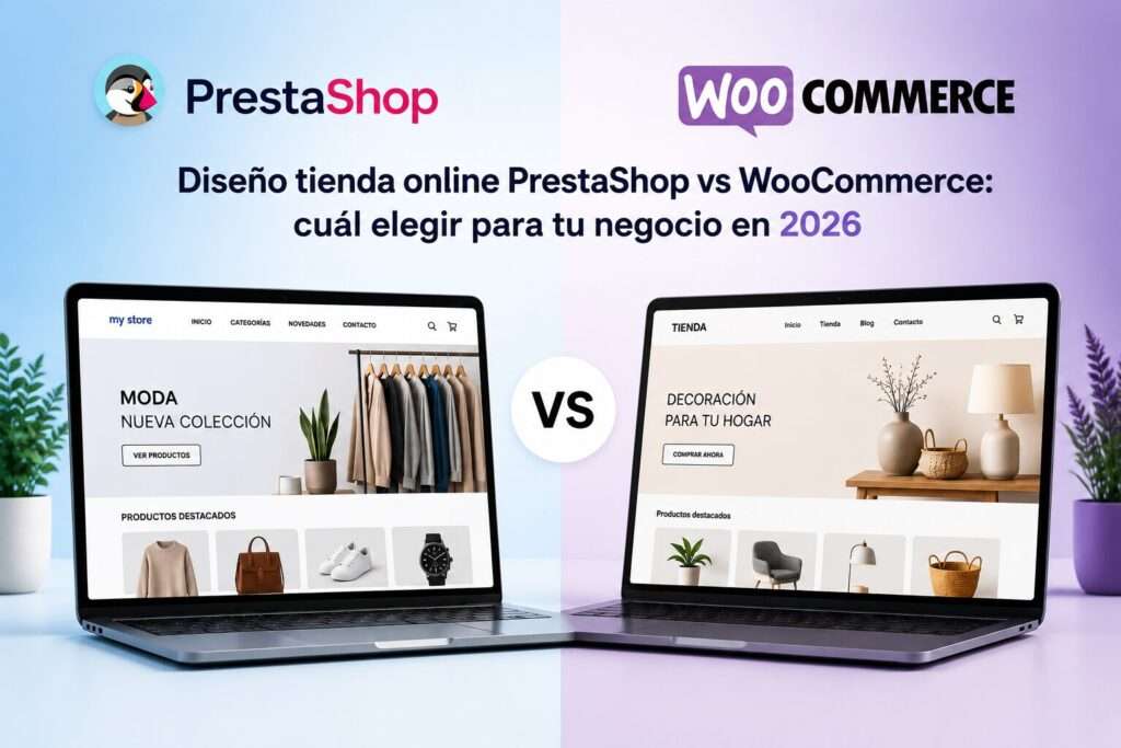 Comparativa visual entre el panel de PrestaShop y WooCommerce para diseño de tienda online
