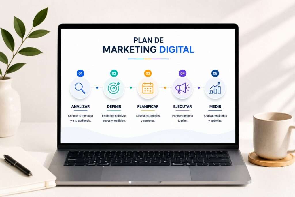 Plantilla descargable de plan de marketing digital con secciones y ejemplos rellenos