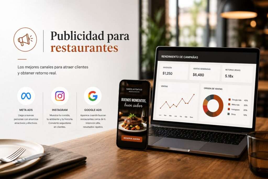 Panel de campañas de publicidad digital de restaurante mostrando Google Ads y Meta Ads activos