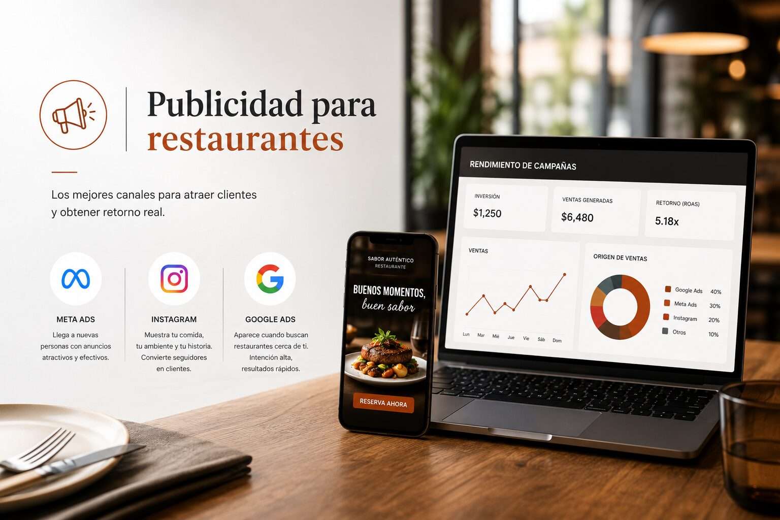 Panel de campañas de publicidad digital de restaurante mostrando Google Ads y Meta Ads activos