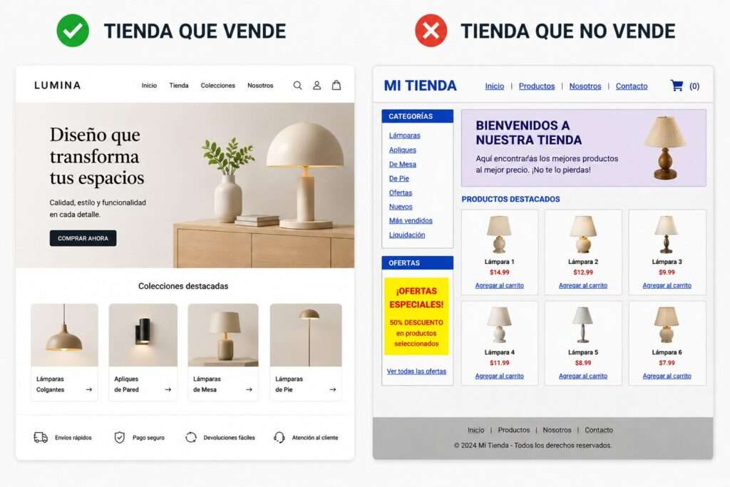 Comparativa técnica entre un ecommerce básico y uno con desarrollo profesional