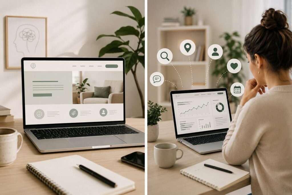 Psicólogo autónomo trabajando su captación de pacientes online desde la consulta